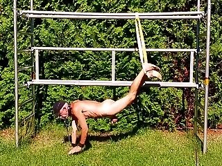 Uncircumcised, Unmasked Fuck Toy Exposed Outdoor In Penis Box Doing Sport Tied Up Domination & Submission Four Min With Solo Boy